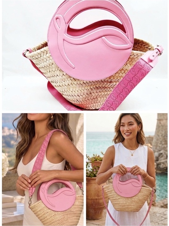 Christian Louboutin Handbags - Christian Louboutin Loubishore Pink Leather Straw Basket Tote Bag Strap